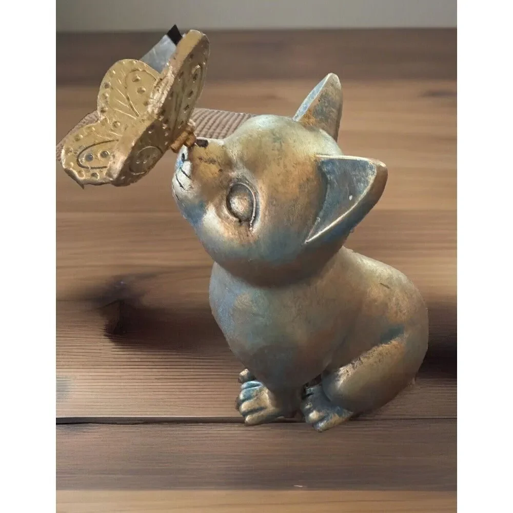 Cat and Butterfly Curiosity Garden Statue Bronze color 7.5